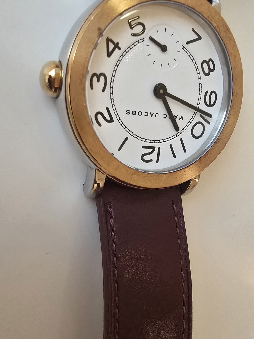 Marc Jacobs Rose Gold Case Watch with Plum Leather Strap and White Dial